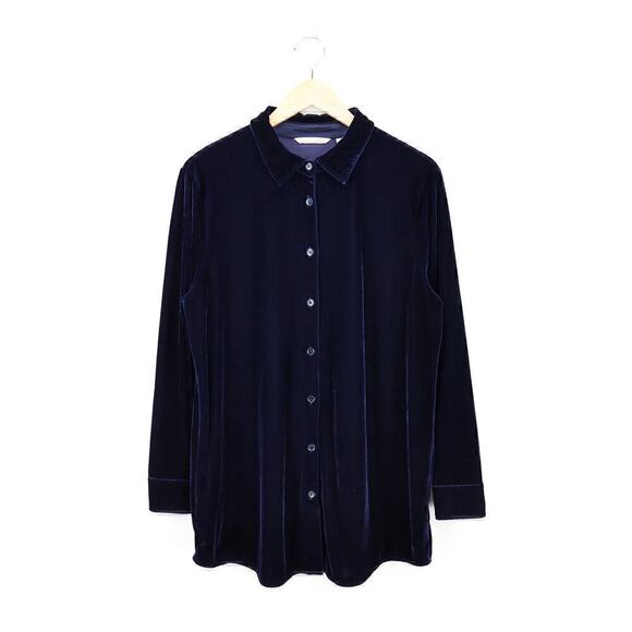 Soft Surroundings Velvet Boyfriend Tunic Button Down Shirt Deep Navy Size Large - Picture 1 of 8
